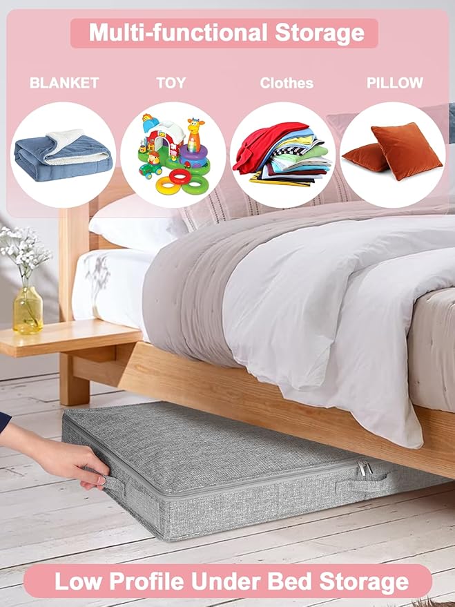 4-Inch Tall Under Bed Storage Container, Low Profile Underbed Storage Bin w/Rigid Sidewalls & Bottom, Shallow Storage Organizer with Lid for Couch, Sofa & Crib, 2-Pack, 33.5 x 16 x 4 Inch, Gray