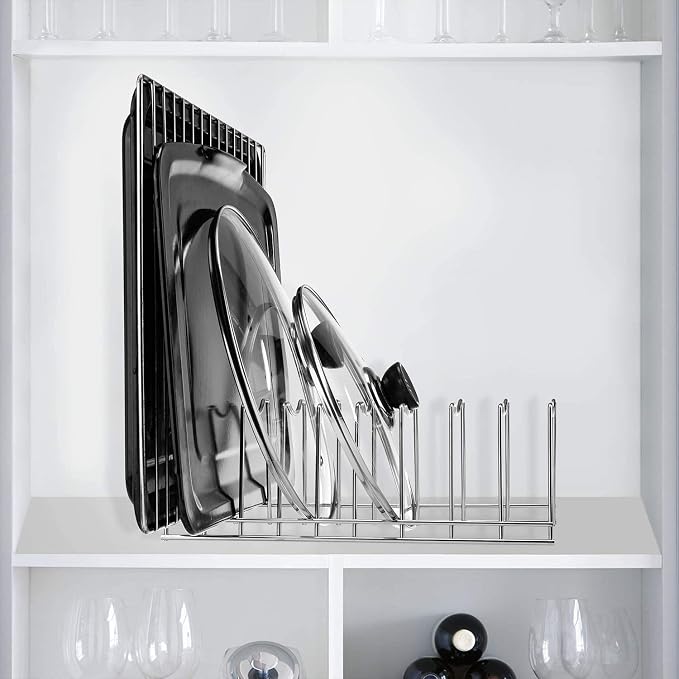 SANNO Pot Lid Holder Organizer, Rack Holder Rest Storage, for Pot Lids, Plates, Cutting Boards, Bakeware, Cooling Rack, Serving Trays, Total 8 Compartments, Stainless Steel