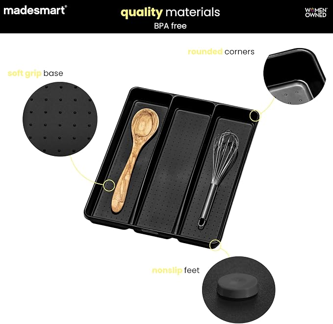 madesmart Classic 3-Compartment Plastic Utensil Tray for Drawers, Multipurpose Storage Tray Drawer Organizer, Carbon Large