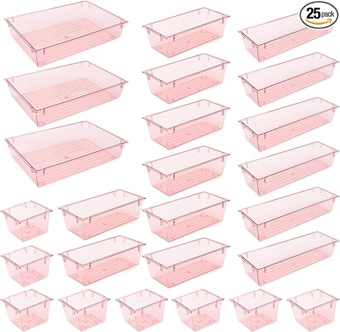 25 Pack Desk Drawer Organizer Set,Vanity and Desk Drawer Storage Bins,Clear Plastic Drawer Organizer Trays for Makeup,Office,Bathroom and Kitchen(pink)