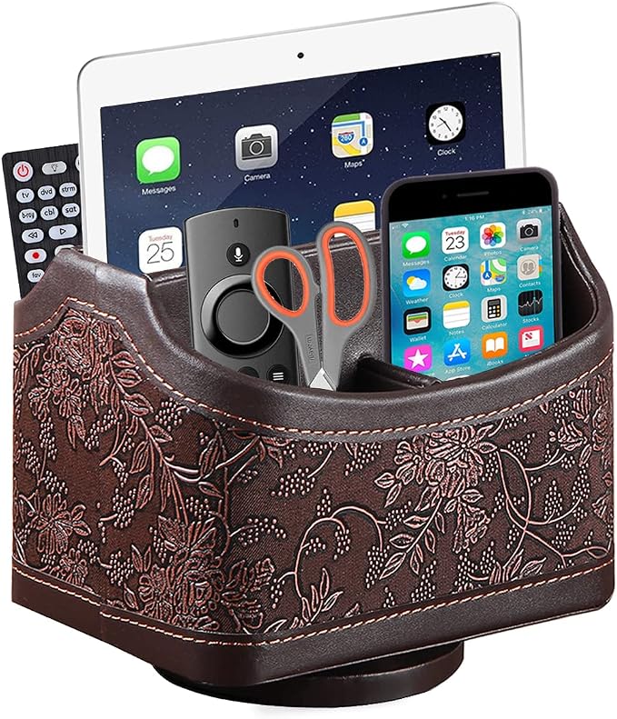 PU Leather Remote Control Organizer with 360° Spinning Design,Desk Organizer for TV Remote,Phone,Pen,Glasse,Mail,Tablet,Calculator,Controller-Home & Office Storage Caddy (Antique Brown) ﻿