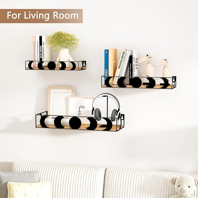 PHAREGE Black and Brown Moon Phase Floating Wall Shelves Set of 3 | Decorative Small Shelves for Bedroom Kid Room, Display Shelf for Crystal Collectibles Figurine