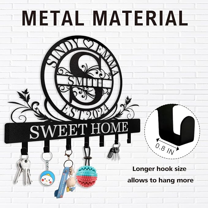 Dyoart Personalized Key Holder for Wall - Custom Family Name Metal Wall Key Hanger, Key Hooks with Monogram Design, Anniversary Couple Gifts, Key Rack Holder Wall Mount for Living Room, Bedroom