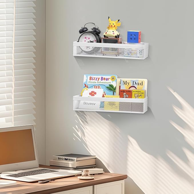 Hanging Wall Mount Storage Baskets with Adhesive Hooks & Screwing, Metal Wire Organizer Baskets for Home Decor, Kitchen, Bathroom, Pantry, Laundry, Closet, Garage, RV Black 2 Packs (White)