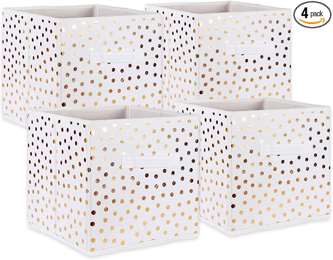DII Non Woven Polyester Storage Bin, Polka Dot, White & Gold, Small Set of 4