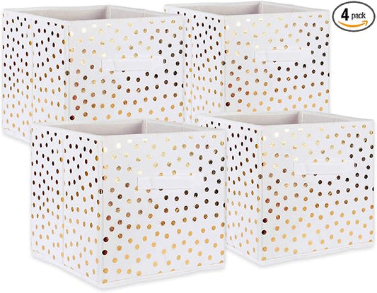 DII Non Woven Polyester Storage Bin, Polka Dot, White & Gold, Small Set of 4