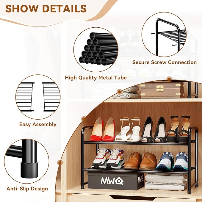 Simple Shoe Rack 2 Tier 27 Inch Wide, Heavy Duty Metal Closet Shoe Organizer Shelf for Entryway, Front Door, Black