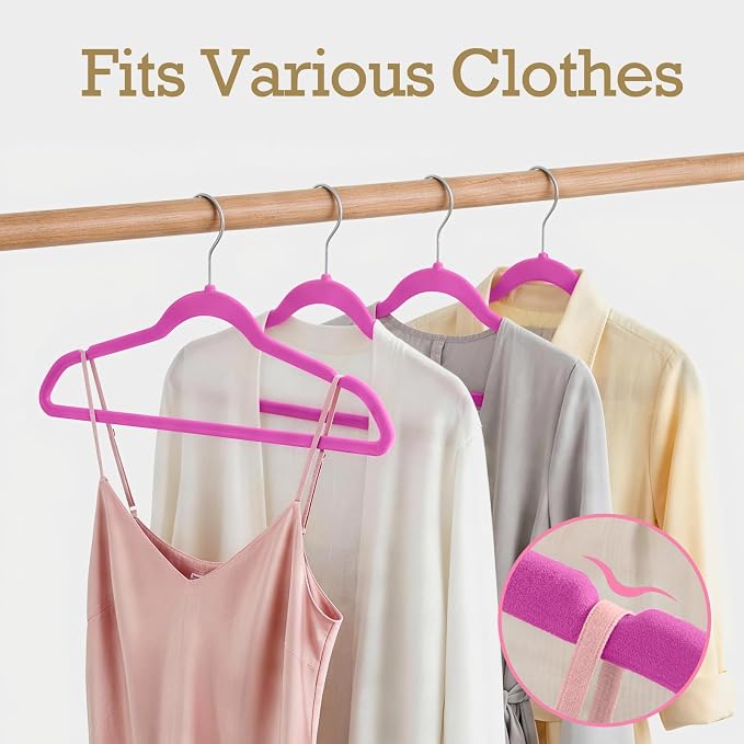 HOUSE DAY Rosy Red Velvet Hangers 60 Pack, Non Slip Clothes Felt Hanger Heavy Duty for Coat, Premium Slim Space Saving Suit Hangers for Closet Organizer, 360° Rotating Silver Hook