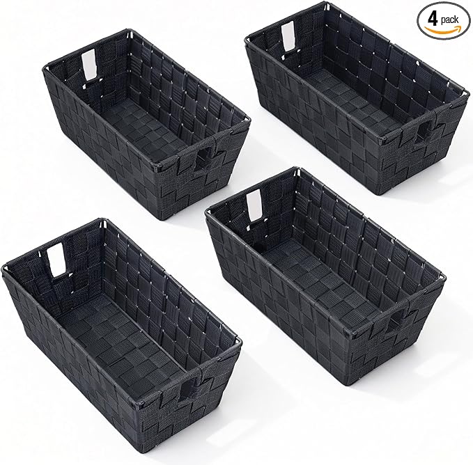 Storage Baskets for Organizing, Woven Organizer Baskets for Shelves, Small Strap Shelf Baskets for Bathroom Storage, Grey, Set of 4