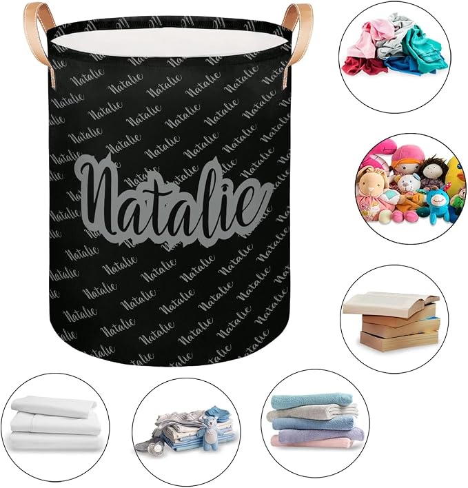 Personalized Laundry Basket, Custom Gift Laundry Hamper, Collapsible Nursery Waterproof Laundry Baskets, Dirty Clothes Toy Hamper with Handles Name Text Gray