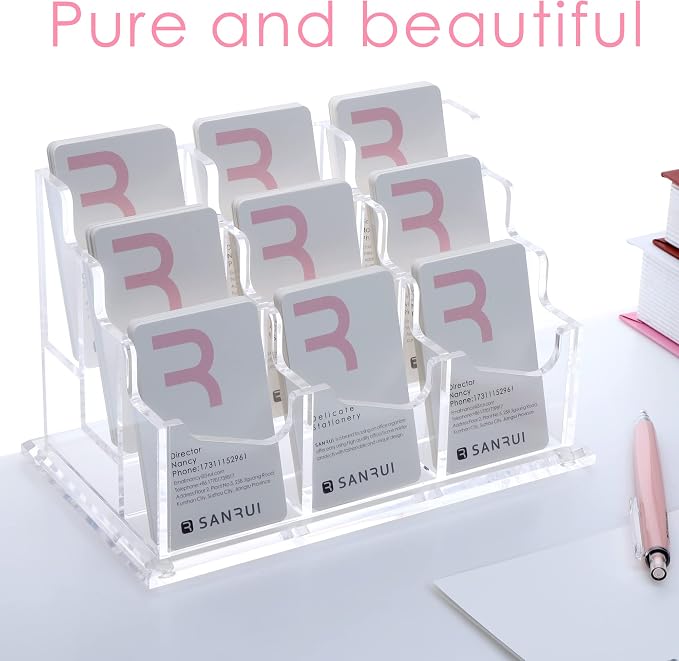 SANRUI Vertical Business Card Holder for Desk，Clear Acrylic Business Card Display Stand，9 Slots 3 Tier ，Holds 450 Cards