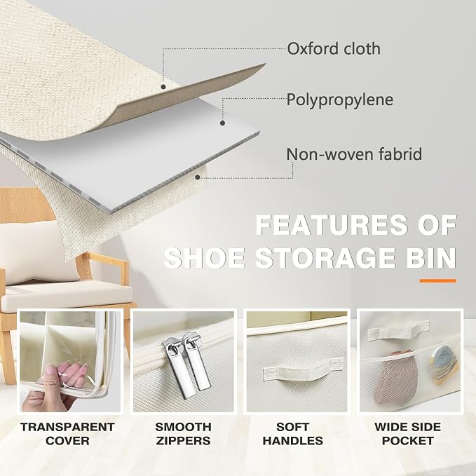 2 Pack Shoe Organizer for Closet Fits 32 Pairs, Foldable Shoe Dividers for Storage Bins with Clear Cover and Adjustable Dividers for Shoes, Sneakers and High Heel Shoe Baskets Bins