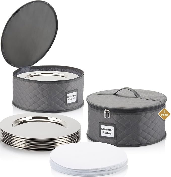 2 Pack China Storage Container for Big Dinner Plate - 14" W x 7" H - Includes 24 Felt Dividers. Stackable with Padded Interior - Great for Big Plates and Charger Plates