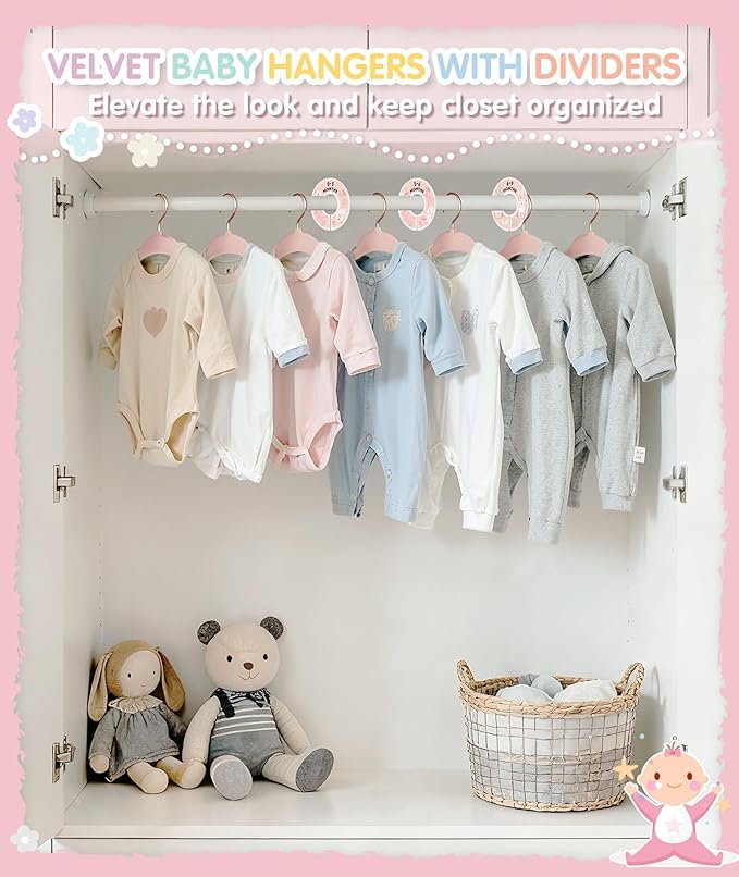 VIS'V Velvet Baby Hangers with 6 Pcs Size Dividers, 11 Inch, Pink, 30 Pcs | Compact Size, Non Slip, Infant Toddler Nursery Closet Organization