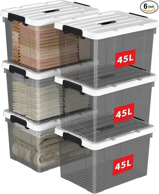 Cetomo Lidded Storage Bin with Handle, Tote Organizing Container with Durable Lid and Secure Latching Buckles, Stackable and Nestable, Plastic, 50 Quart-6 Pack, Clear Black