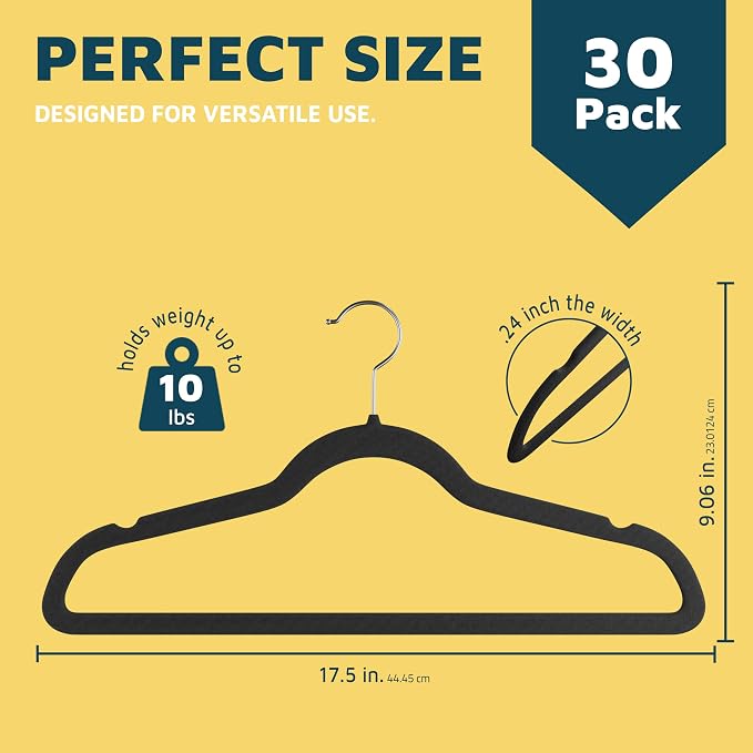 Lifemaster Velvet Non-Slip Plastic Hanger Set - 30 Pieces Non-Slip Clothes Hanger Set with 360° Swivel Hook, Space-Saving, Sleek Design, Smooth Velvet Finish, Lightweight Construction - Black