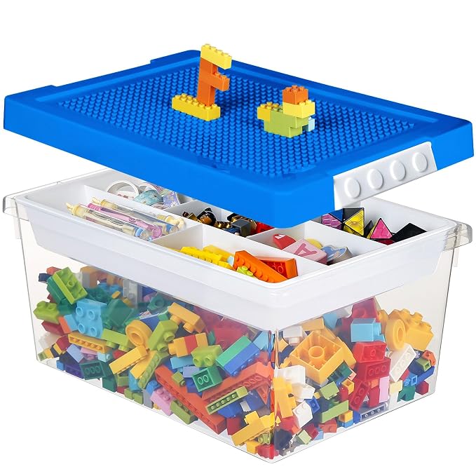 Plastic Storage Bins with Lids - 1 Set Stackable Arts Crafts Organizer Box with Removable Divided Tray &Compatible Building Baseplate,Toy Chest Containers for Bricks -Blue(14.37"x9.64"x6.69")
