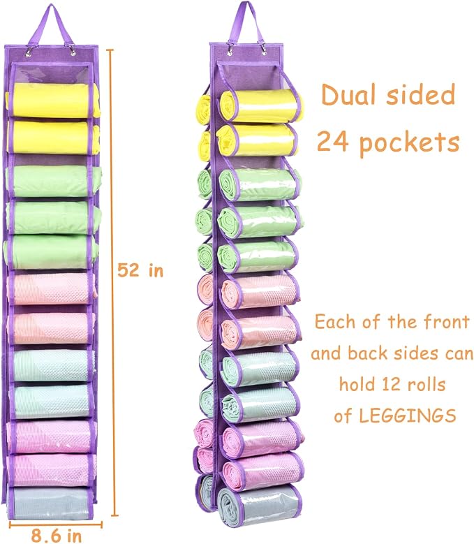 Legging Storage Bag Storage Hanger Can Holds 24 Leggings or Shirts Jeans Compartment Storage Hanger, Foldable Leggings Organizer Clothes Portable Closets Roll Holder (Purple)