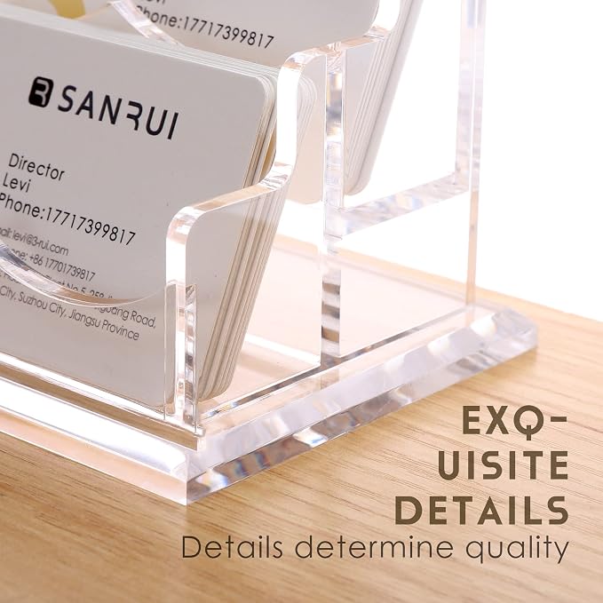 SANRUI Clear Horizontal Business Card Holder Stand for Desk, Acrylic Desktop Display Name Cards Holders Organizer Storage Rack,for Exhibition, Home, Office,2 Tier 4 Pocket, 240 Card Capacity