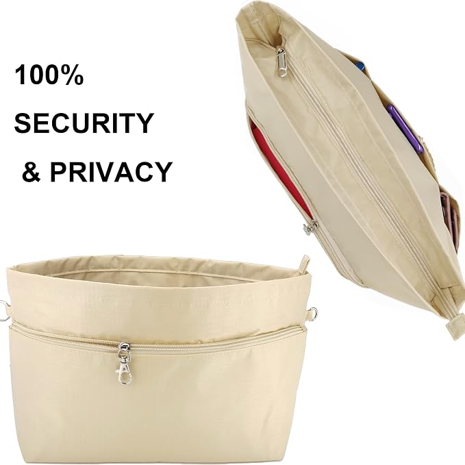 Handbag Tote Purse Organizer Insert, Small, Beige | Bag Divider Liner Shaper Separator in Bag with Zipper, 11 Pockets Compartments