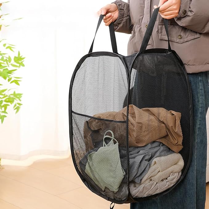 Pack of 2 Pop Up Mesh Laundry Hamper for Cruise, Collapsible Laundry Basket Space Saving, Large Side Pocket, Easy to Carry Handles
