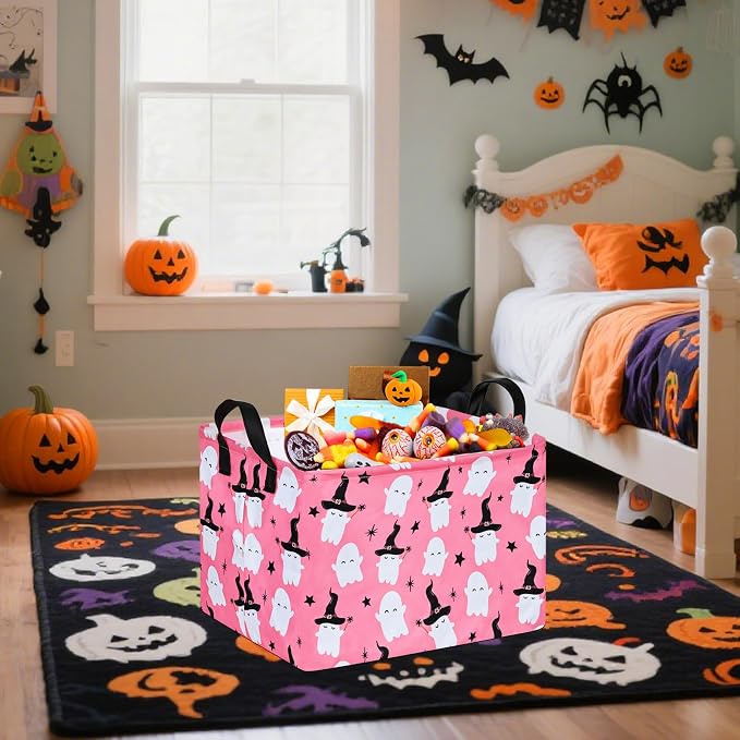Halloween Ghost Storage Basket with Handles Pink Open Gifts&Candy Spooky Basket stuffers for Kids Baby Collapsible Women Organizer Bins Toys Boxes for Shelves Home Office