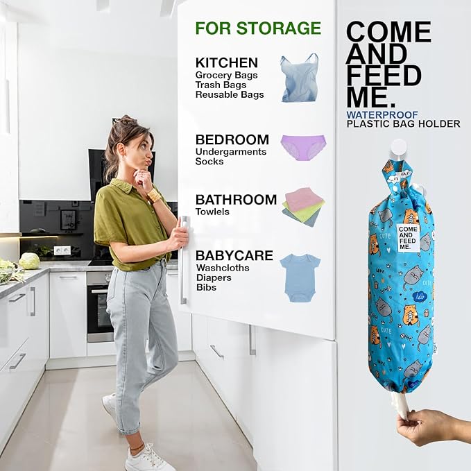 Waterproof Plastic Bag Holder Grocery Shopping Carrier Storage Kitchen Travel Camp Carrier Dispenser 2 Pack (Cute Cats)