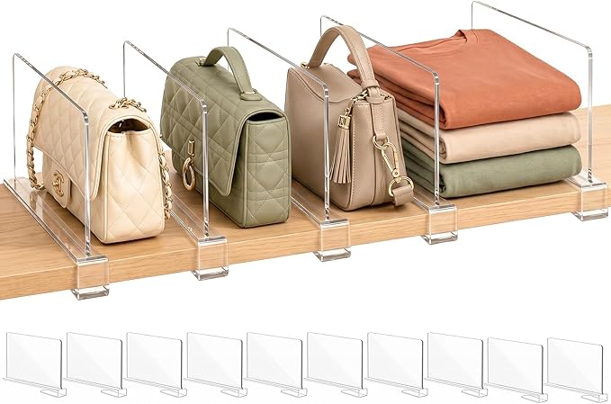 Shelf Dividers Purse Organizer for Closet: 6-inch Tall(Shorter Version) Acrylic Handbag Organizer - Small Space Separator for Clutches Evening Bags Pouches Mini-bags on Wood Shelves 10-Pack