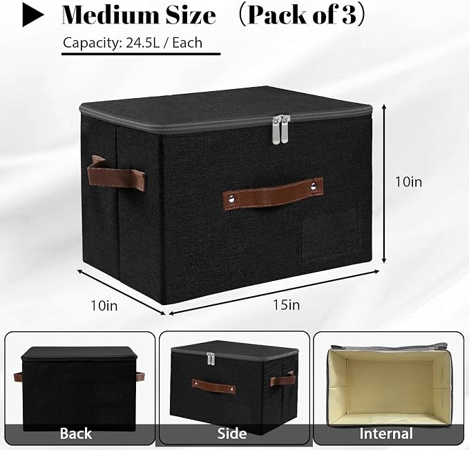 ANMINY 3PCS Storage Bins with Zipper Lid Storage Boxes with Label Holder PU Leather Handles Washable Foldable Decorative Lidded Cotton Linen Fabric Cubes Baskets Closet Organizer - Black, Medium