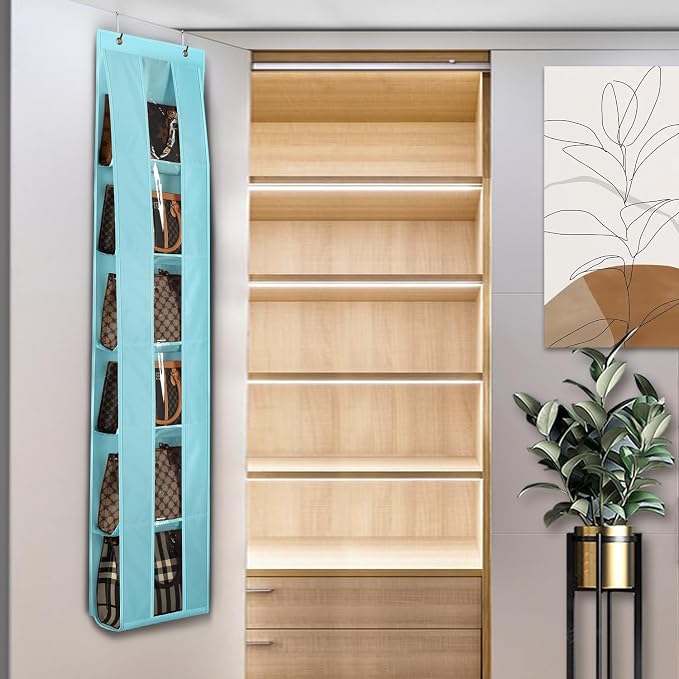 Lirex Over The Door Purse Organizer, Space-Saving Medium and Large Handbag Storage Organizer Clothing Closet Hanger, Light Blue