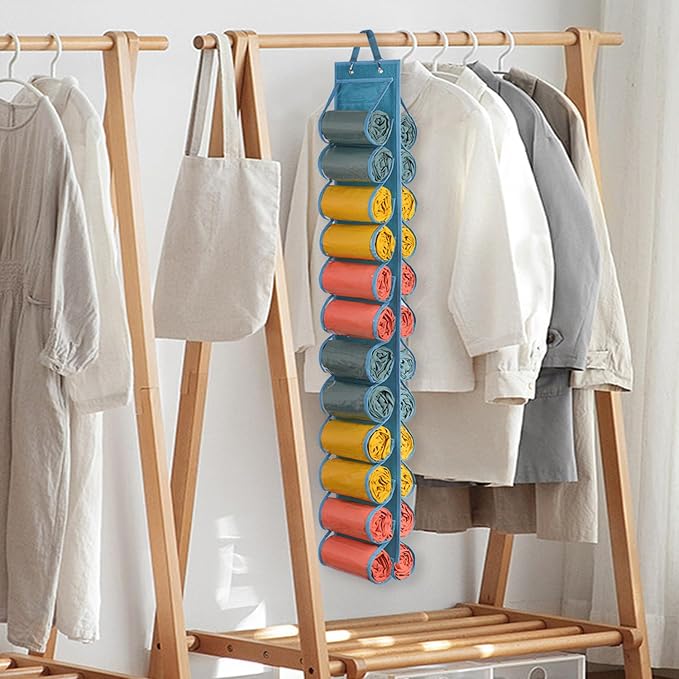 Lirex Hanging Yoga Legging Storage Organizer with 24 Pockets, Foldable Oxford Cloth Hanging Closet Organizer T-Shirt Organizer Jeans Storage Hanger Socks Holder for Family Closet Bedroom, Blue