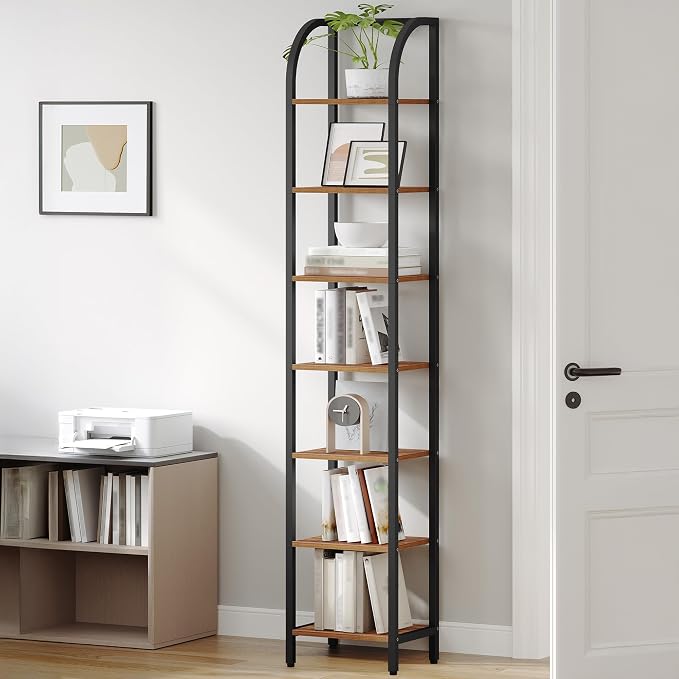 Hzuaneri Bookshelf Narrow Bookcase, Tall Storage Rack with Steel Frame, Display Standing Shelf Unit, Skinny Book Shelf for Study Living Room, Home Office, Industrial, 7-Tier Rustic Brown BC57701B