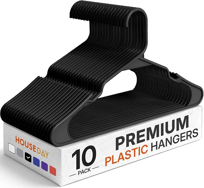 HOUSE DAY Premium Plastic Hangers 10 Pack, Clothes Hanger Space Saving, Heavy Duty Coat Hanger - Durable and Strong Closet Organizers and Storage Makes It Ideal Dorm Room Essentials (Black)