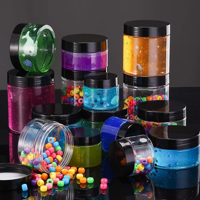 12 Pack 5 OZ Plastic Container Jars with Lids Round Clear Travel Cosmetic Container Jars for Toiletries, Lotion, Cream, Ointments, Makeup, Rhinestone, Samples, Kitchen Storage(Black, 5 OZ)