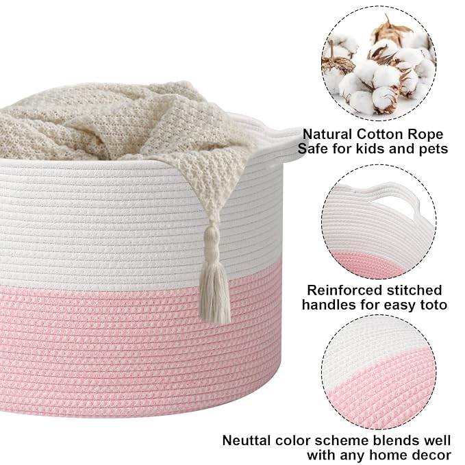 115L Extra Large Pink Woven Cotton Rope Basket with Handles, Kids Nursery Laundry Hamper for Toys, Blankets, Pillows & Comforters, Cute Storage Bin for Bedroom & Playroom