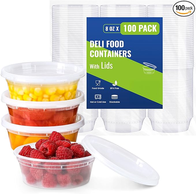 AOZITA 100 Sets 8 oz Plastic Deli Containers With Lids, Airtight Food Storage Containers, Freezer/Dishwasher/Microwave Safe, Takeout Meal Prep Storage