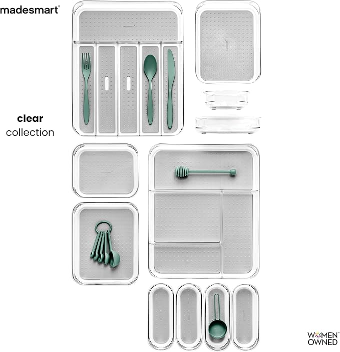 madesmart Premium 3 Compartment Clear Drawer Organizer, Multi-Purpose Storage with Soft Grip Lining & Non Slip Base, Grey