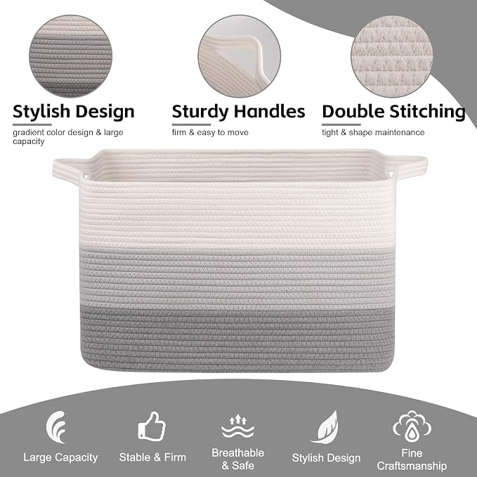 OIAHOMY Large Blanket Basket, 65L Cotton Rope Woven Laundry Basket, Toy Bin for Baby Room, Container for Blanket Storage in Living Room, 20''×16''×12'', Gradient Grey