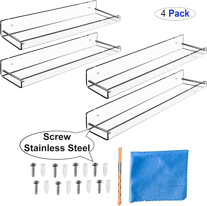 AMT 4 Pack Acrylic Floating Shelves, 15" L x 3.25" W, Clear Bathroom Wall Shelf, Bookshelves, Invisible Display for Office, Bedroom, Small Gap Allows Water to Escape, Free Screws & Drill Bit (Medium)