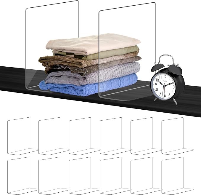 OKPOW Shelf Dividers for Closet Organizer: 12 Inch Tall Acrylic Clear Closets Organization Storage for Sweater Clothes Bag Purse Towel - 12 Pack Adjustable Plastic Vertical Separators for Wood Cabinet
