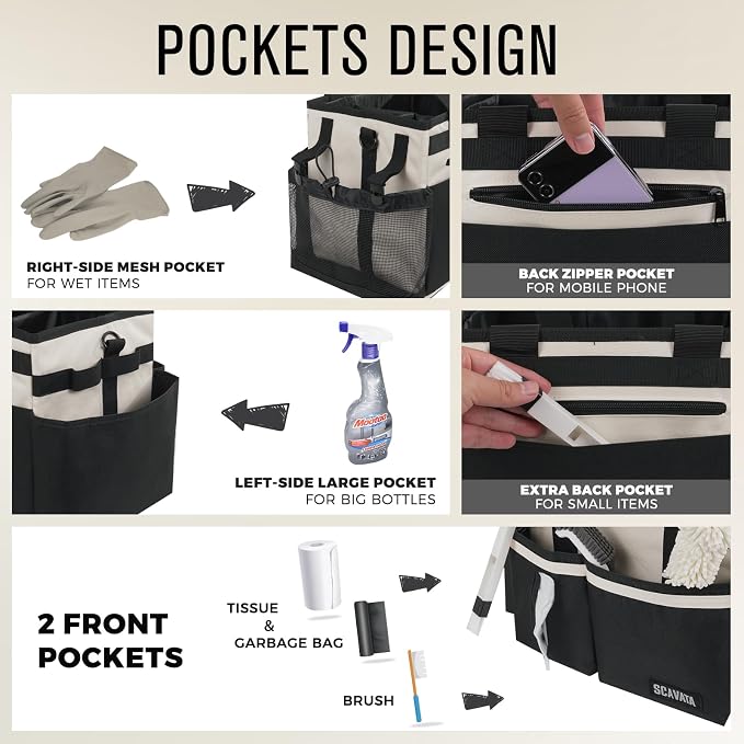 SCAVATA Compact Wearable Cleaning Caddy, Small Cleaning Supplies Organizer with Handle & Shoulder Straps for Housekeepers, under Sink & Car Cleaning Tool Organizers Bag, Cream White