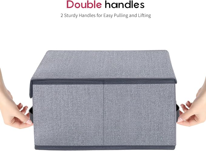 Onlyeasy Foldable Storage Bins Cubes Boxes with Lid - Storage Box Cube Cubby Basket Closet Organizer Pack of 2 with Leather Handles for Closet Bedroom, 13" x 13", Linen-like Grey, MXDLB2P