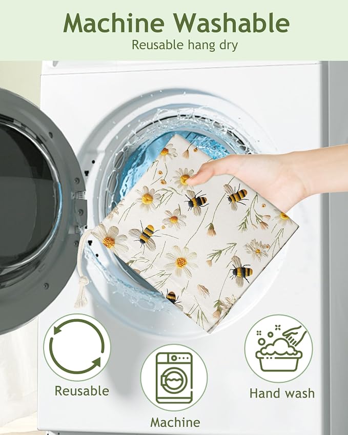 Plastic Bag Holder Organizer - 1 Pack Reusable Canvas Grocery Bags Holder Hanging Wall Cute Aesthetic Shopping Bag Storage Dispenser with Drawstring Closure for Kitchen Home, Flower Bee