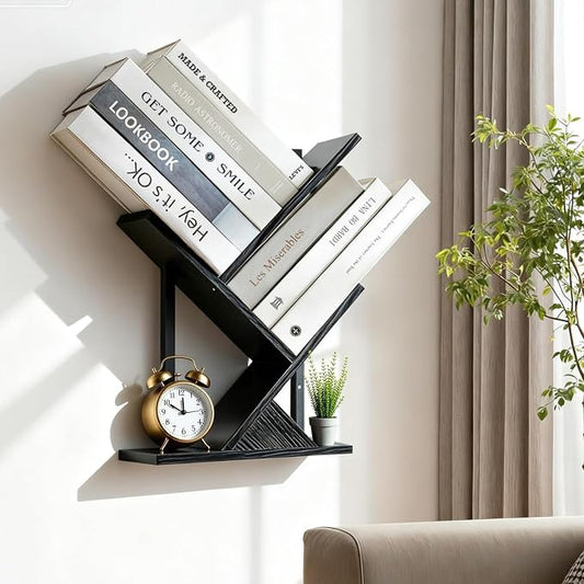 3 Tier Small Tree Bookshelf Black Floating Book Shelves for Wall, Unique Hanging Bookshelf Small for CDs/Magazine/Books Display, Desktop shelf Floor Standing Mini Bookcase for Bedroom, Living Room