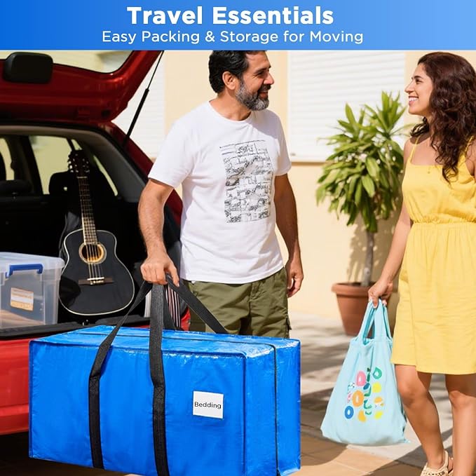 BETU 6 Pack Moving Bags Moving Storage College Dorm Camping Packing Travel PE Heavy Duty, Sturdy Handle, Zipper Large Storage Tote Bag Moving Boxes Box Alternative - Blue 29L x 14W x 13H