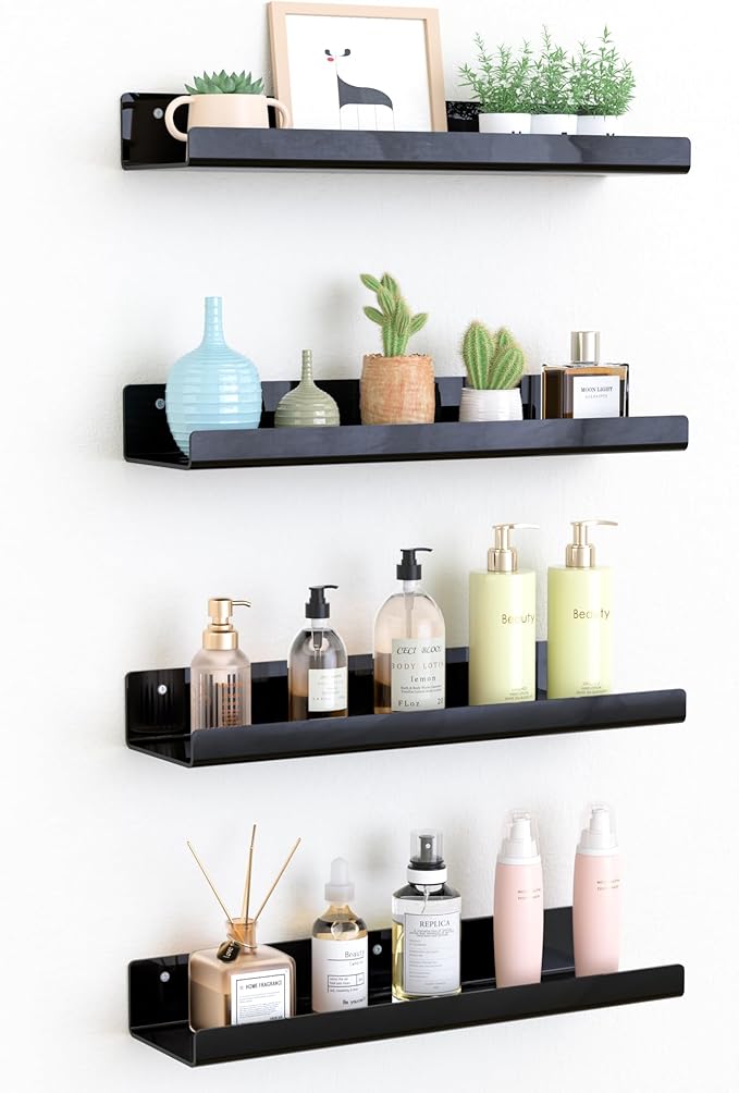 upsimples 4 Pcs 15" Acrylic Shelves for Wall Organize and Display, Black | Cute Floating Shelf for Perfume, Skincare, Nail Polish, Wall Organizer for Bedroom, Living Room, Playroom, Room Décor