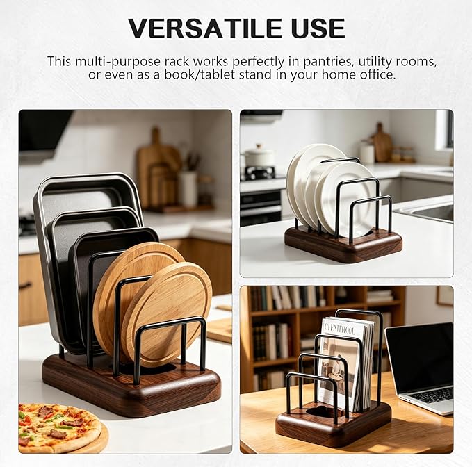 Chopping Board Rack with Walnut Base – 3 Slot Wood Cutting Board Holder Pot Lid Stand, Baking Trays Pans Plates Cabinet Storage Divider Accessory for Home Countertop Kitchen Storage & Organizer