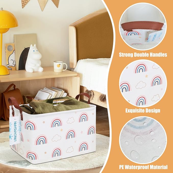 Rectangular Collapsible Cloud Rainbow Storage Basket Nursery Organizer | Storage Bin Foldable Canvas with Handles for Organizing Home Kitchen Children Toys Office Closet Shelf Baskets