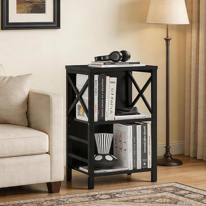 MNEETRUNG Book Shelf, Small 3-Tier Industrial Bookshelf with Strong Metal Frame & Backboard, 15.7" Short Bookcase for Small Spaces, Living Room, Bedroom and Home Office, Black