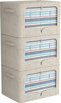 FHSQX 3 Pack Clothes Storage Bins - Foldable Metal Frame Storage Box - Stackable Linen Fabric Container Organizer Set with Carrying Handles and Clear Window (Beige, 19.7x15.7x13inch(66L))